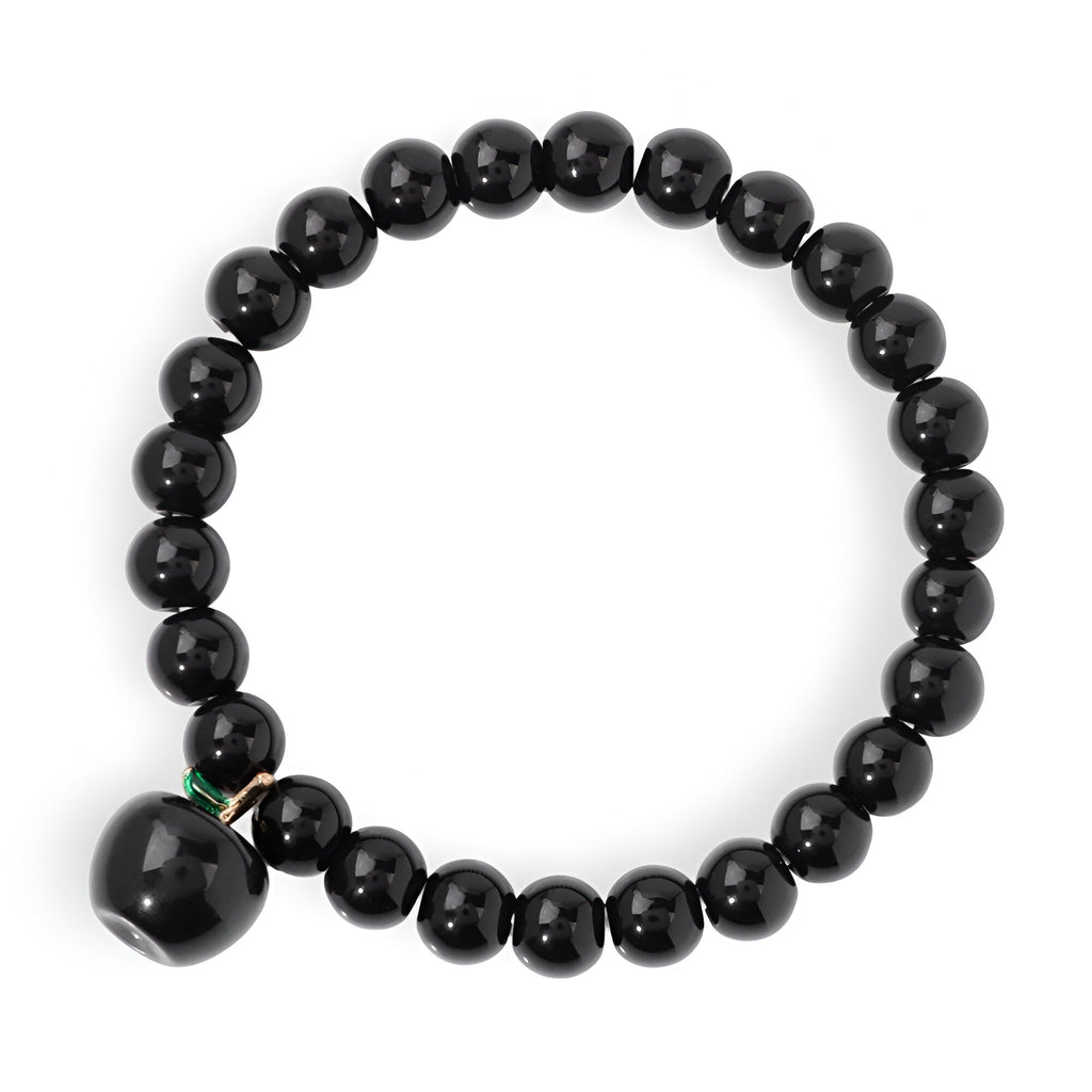 Bracelet mixte en pierres noires naturelles avec charm pomme noir brillant.