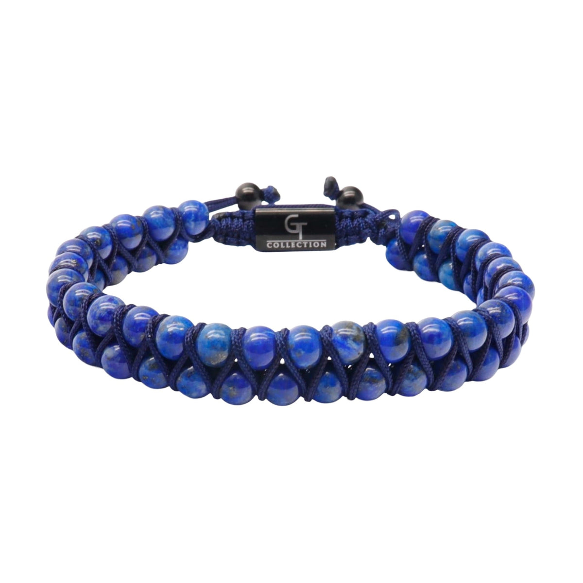 Bracelet double rang en pierres naturelles de lapis lazuli bleu avec cordon noir réglable.