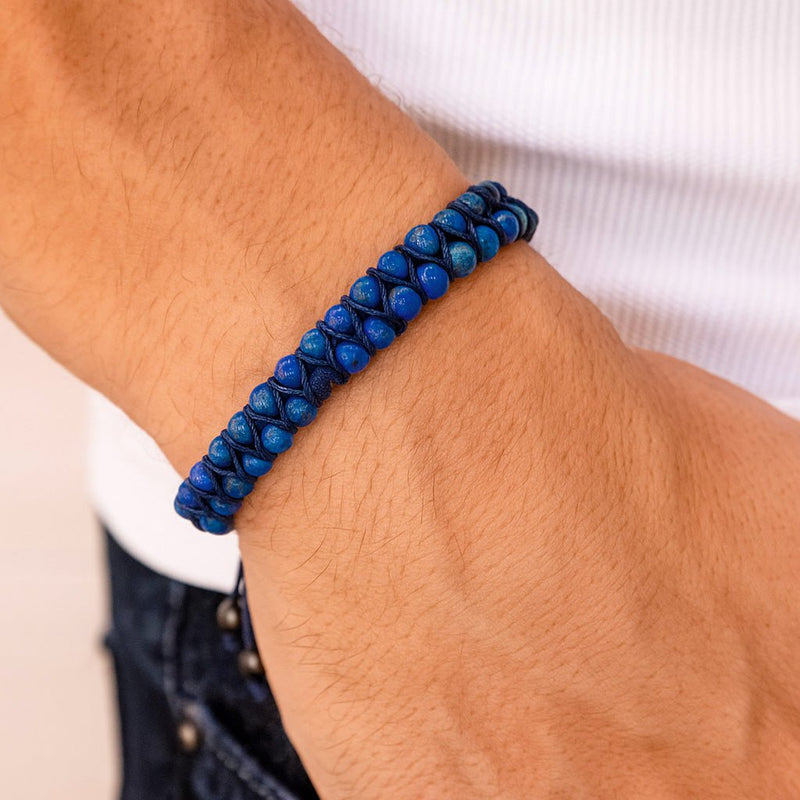 Bracelet double rang en pierres naturelles lapis lazuli bleu, cordage noir ajustable, style décontracté.