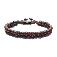 Bracelet double rang en pierres naturelles œil de tigre rouge avec cordon marron et fermoir ajustable noir.