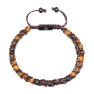 Bracelet double rang en œil de tigre et perles noires, cordon ajustable marron, fermoir gravé G.