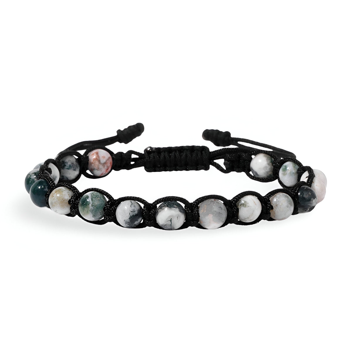 Bracelet mixte entrelacé noir avec perles rondes en pierre naturelle multicolore, modèle Corey.