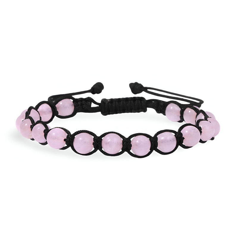 Bracelet mixte entrelacé de corde noire avec perles rondes en quartz rose éclatant.