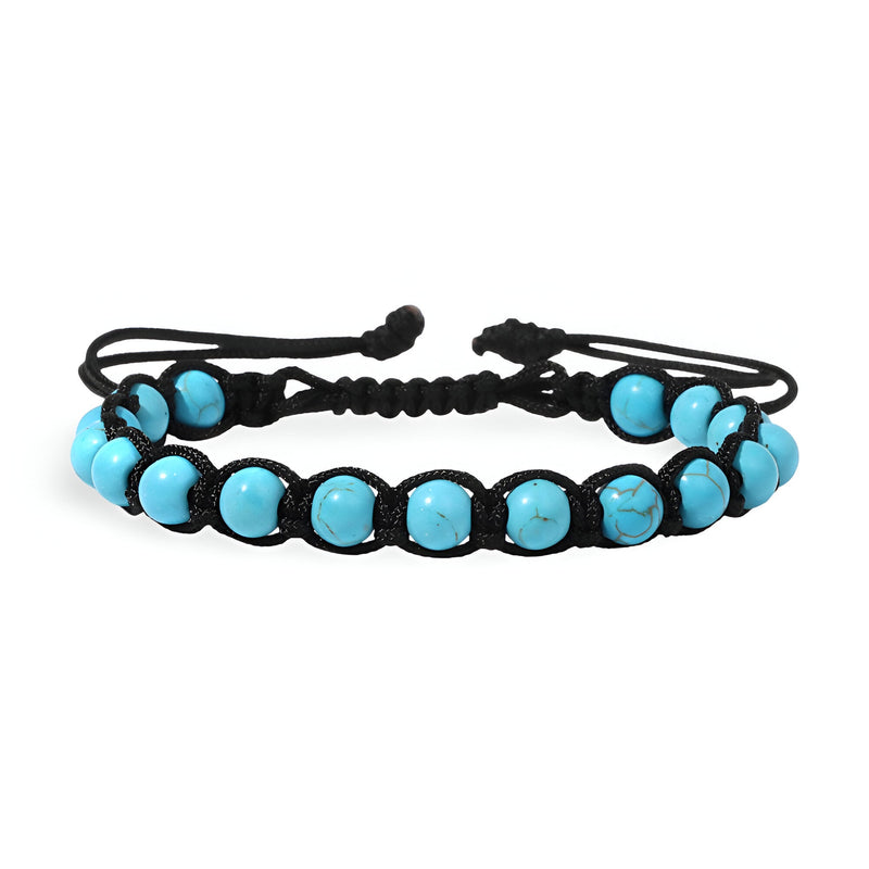 Bracelet mixte entrelacé en corde noire avec perles turquoise naturelles lisses.