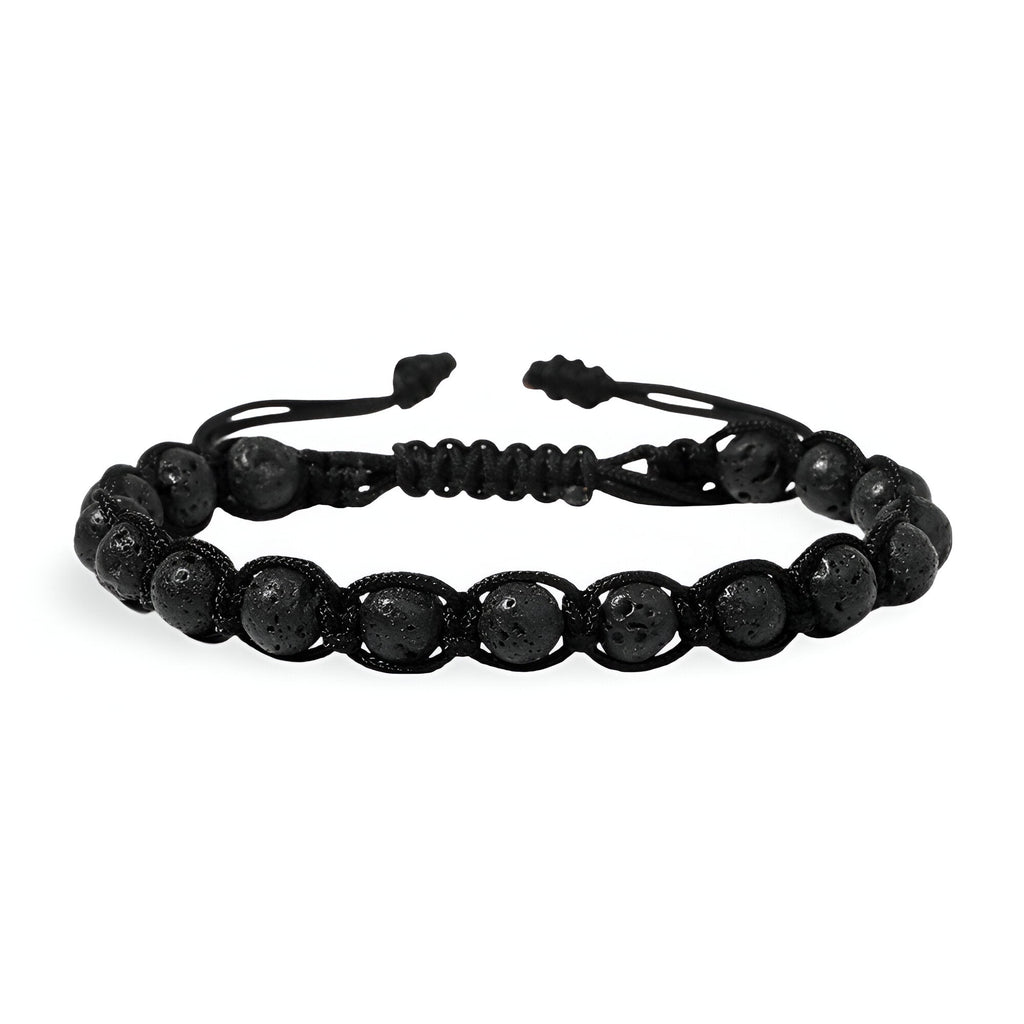 Bracelet mixte en pierres volcaniques noires entrelacées d'une corde noire ajustable.