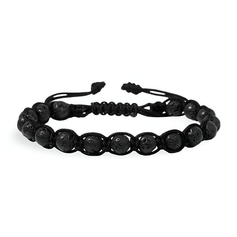 Bracelet mixte en pierres volcaniques noires entrelacées d'une corde noire ajustable.