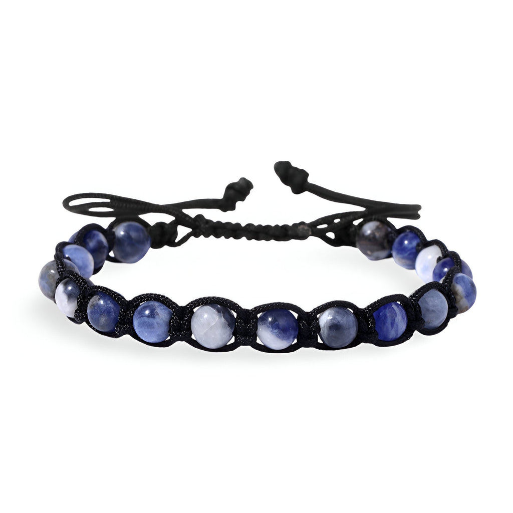 Bracelet mixte Corey en pierres tanzanites bleues entrelacées d'une corde noire avec nœuds ajustables.