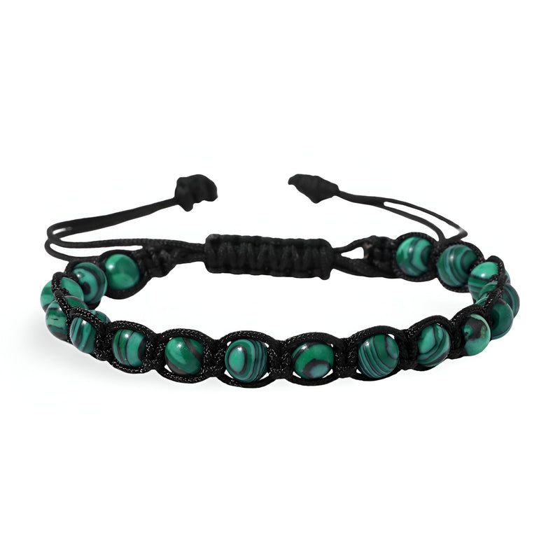 Bracelet mixte en pierres naturelles de malachite entrelacées d'une corde noire réglable.