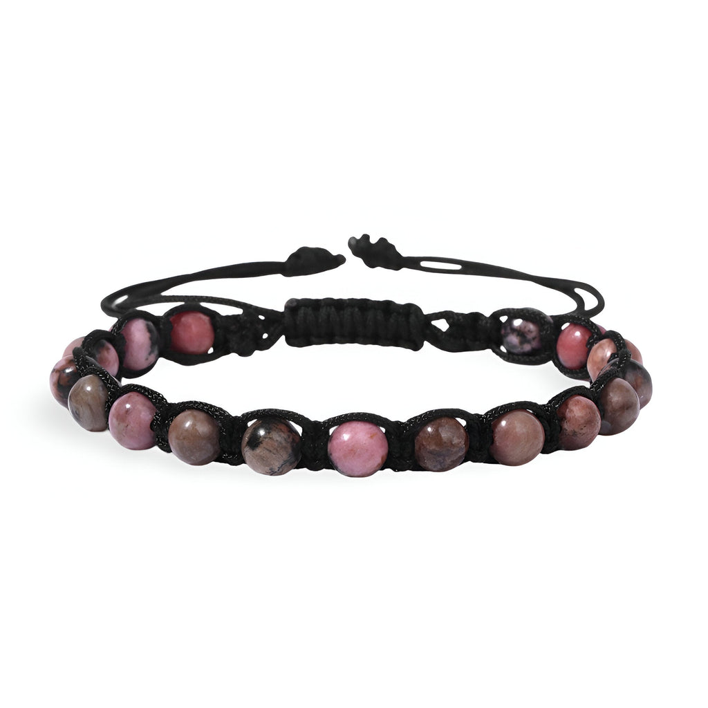 Bracelet mixte en pierres rhodonite entrelacées d'une corde noire ajustable.