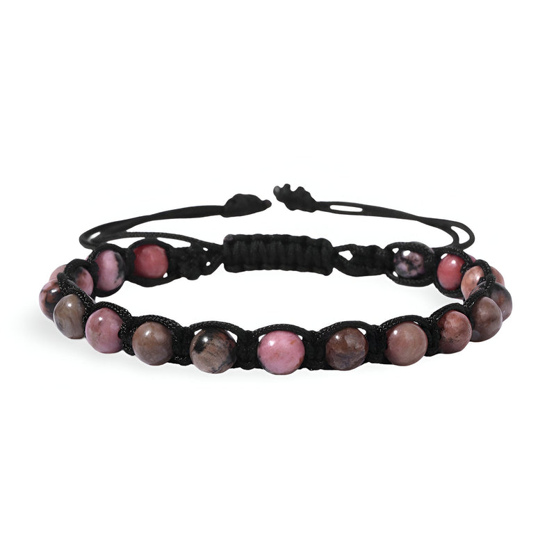 Bracelet mixte en pierres rhodonite entrelacées d'une corde noire ajustable.