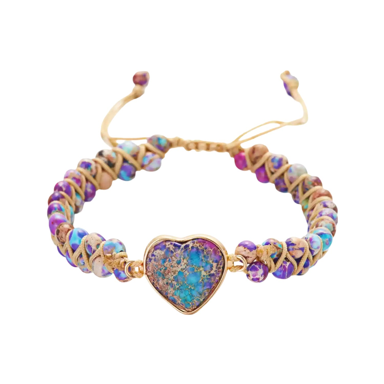 Bracelet en pierres naturelles, entrelacées de cordes, motif cœur, modèle Alejie - La Boutique du Bracelet