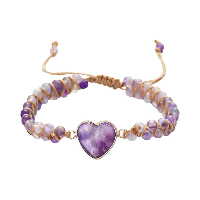 Bracelet cordé ajustable avec pierres naturelles améthyste et pendentif cœur violet marbré en métal doré.