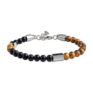 Bracelet pour homme en perles naturelles noires et œil de tigre marron, acier inoxydable argenté, fermoir réglable.