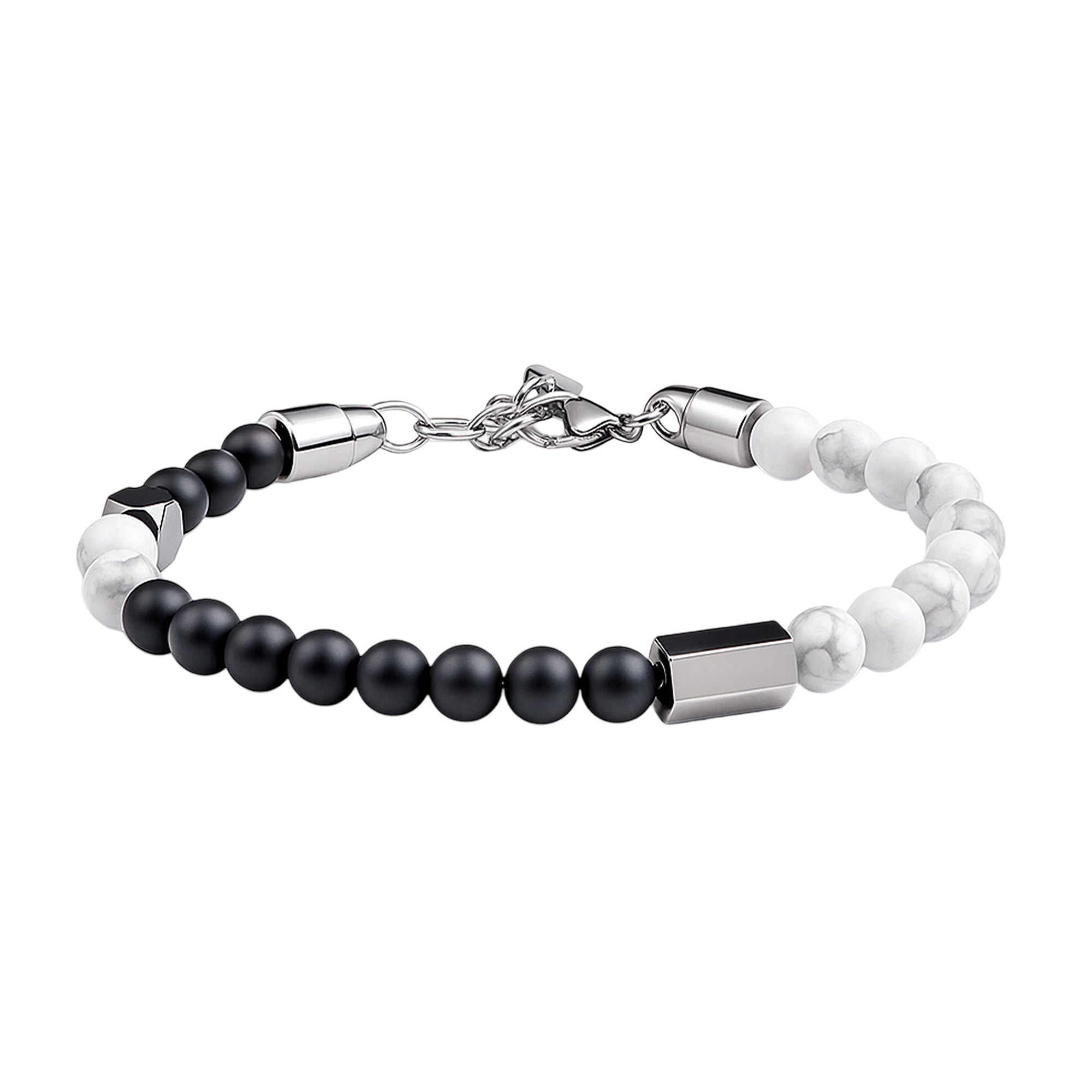 Bracelet perles naturelles noires et blanches 6 mm, acier inoxydable argenté, fermoir réglable.
