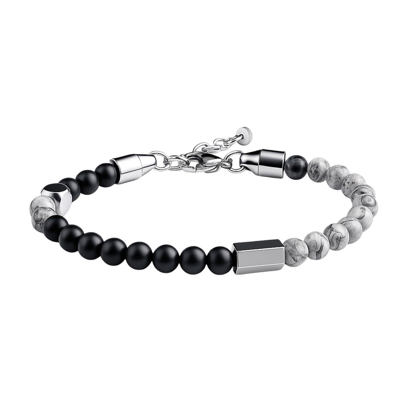 Bracelet masculin avec perles noires mates et marbrées blanches, acier inoxydable argenté réglable.