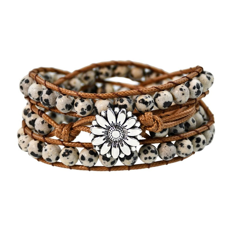 Bracelet en pierres jaspe dalmatienne naturelles, corde marron, fermoir fleur métal argenté, multi-rangs à enrouler.