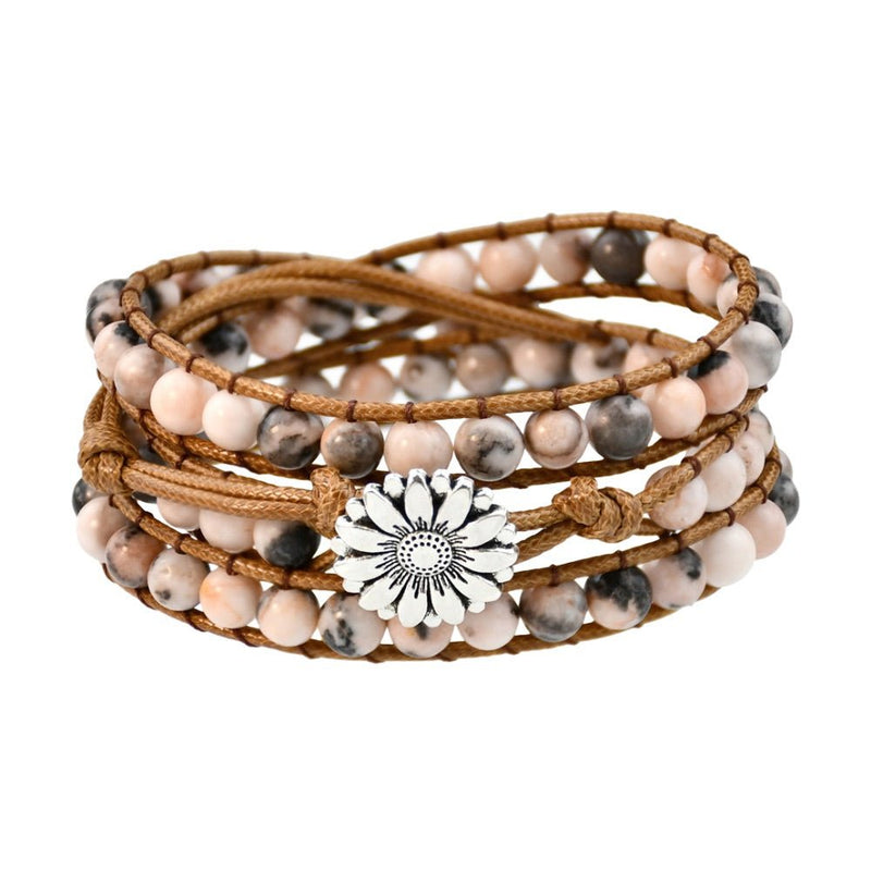 Bracelet femme en jaspe rose zébré avec perles rondes et corde marron clair, fermoir fleur argentée.