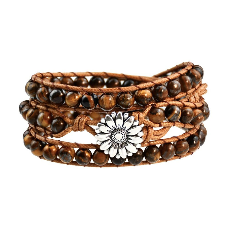 Bracelet enroulable pour femme en pierres naturelles œil de tigre sur corde marron avec fleur argentée centrale.