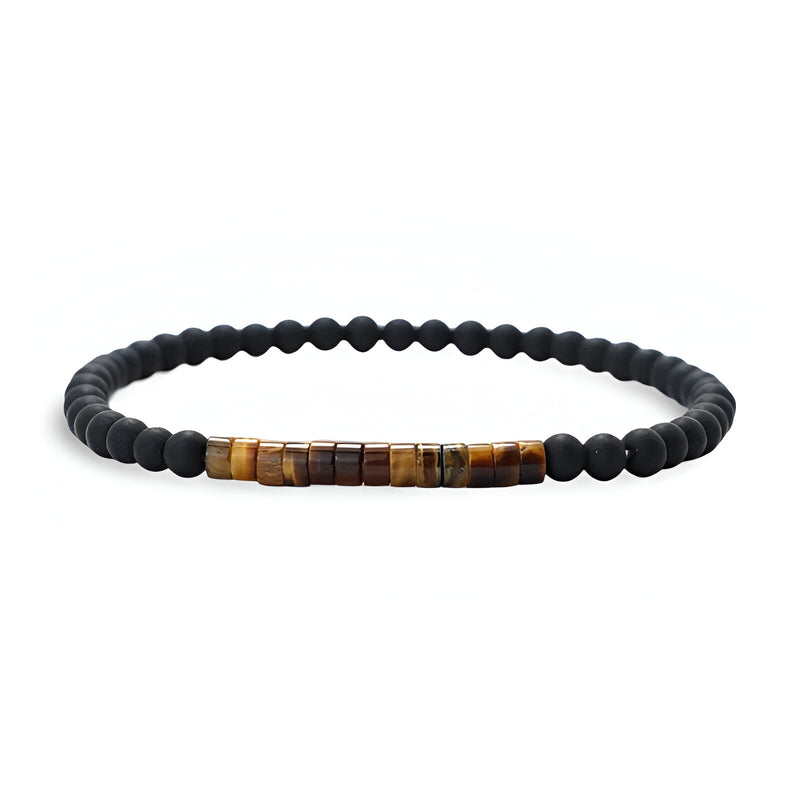 Bracelet fin pour homme en pierres noires mates avec perles centrales en œil de tigre brun brillant.