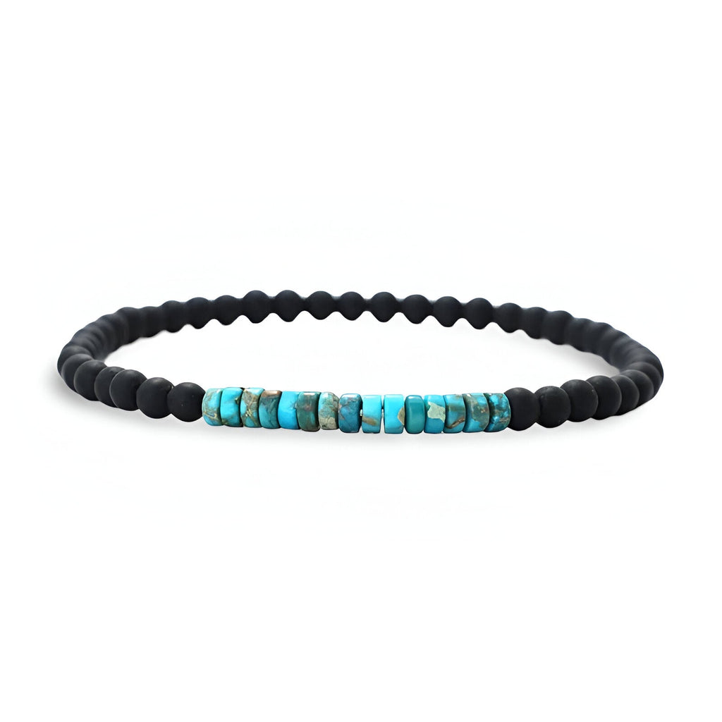 Bracelet fin pour homme en pierres naturelles noires et turquoises lisses, modèle Rodri.