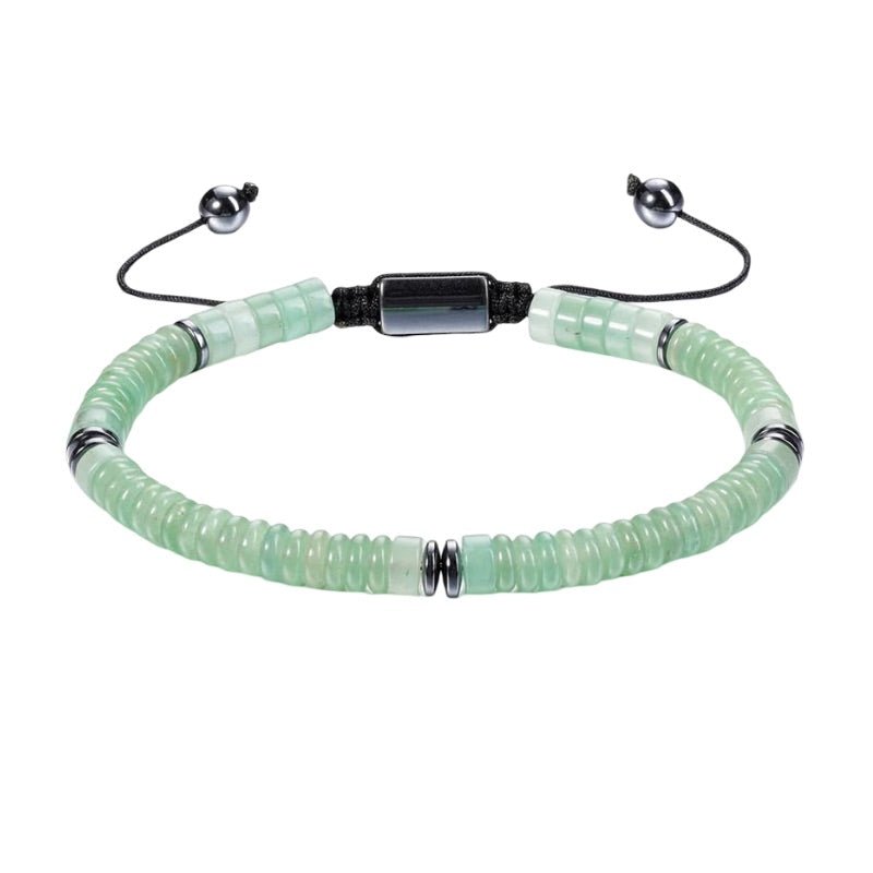 Bracelet ajustable en aventurine verte avec perles rondes plates et fermoir noir élégant.