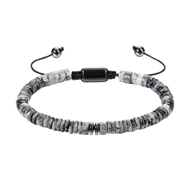 Bracelet ajustable en agate grise avec perles rondes plates et fermoir noir brillant.