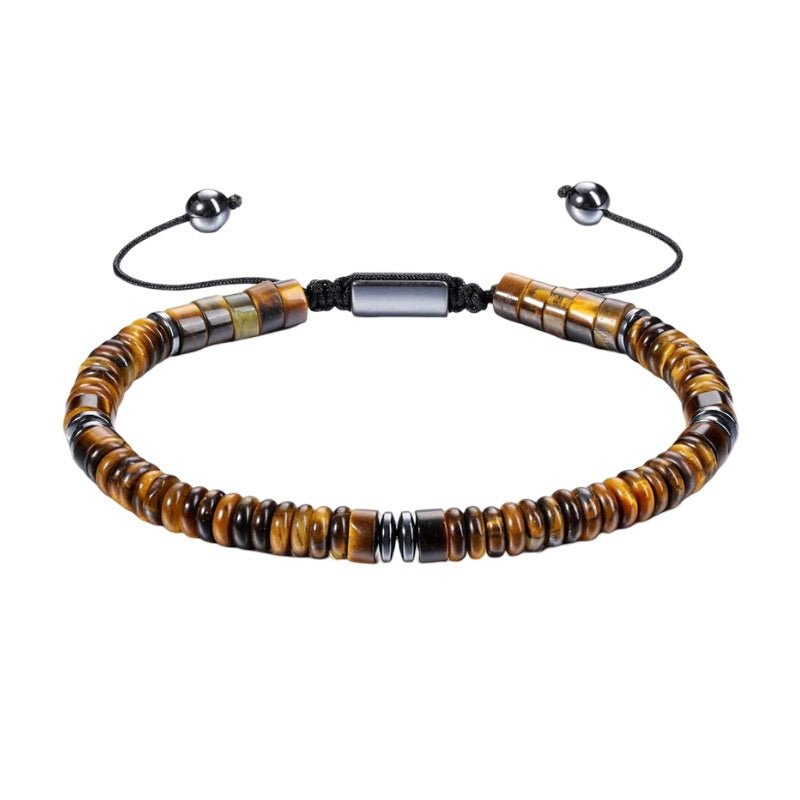 Bracelet ajustable en perles d'œil de tigre rondes et cylindriques avec fermoir coulissant noir.