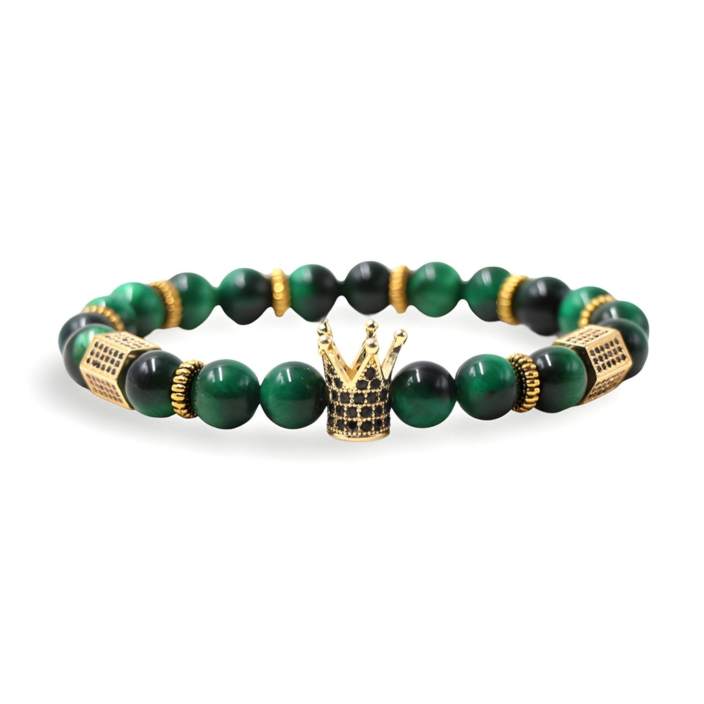 Bracelet homme perles œil de tigre vert et noir mat avec couronne dorée luxueuse.