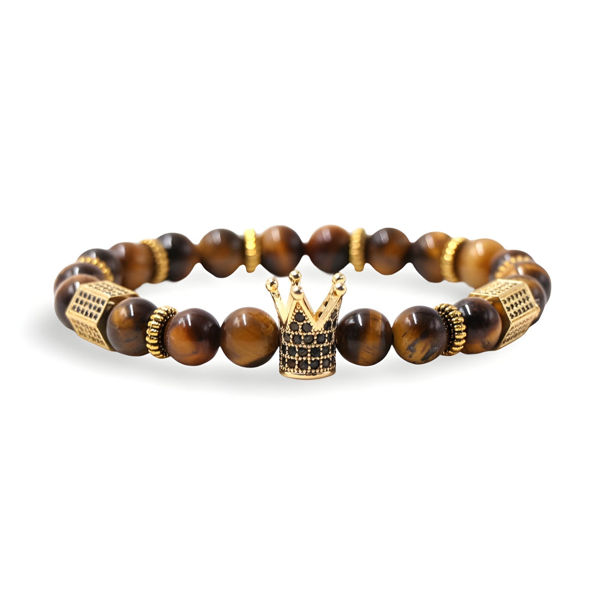 Bracelet homme en perles œil de tigre avec pendentif couronne dorée luxueux.