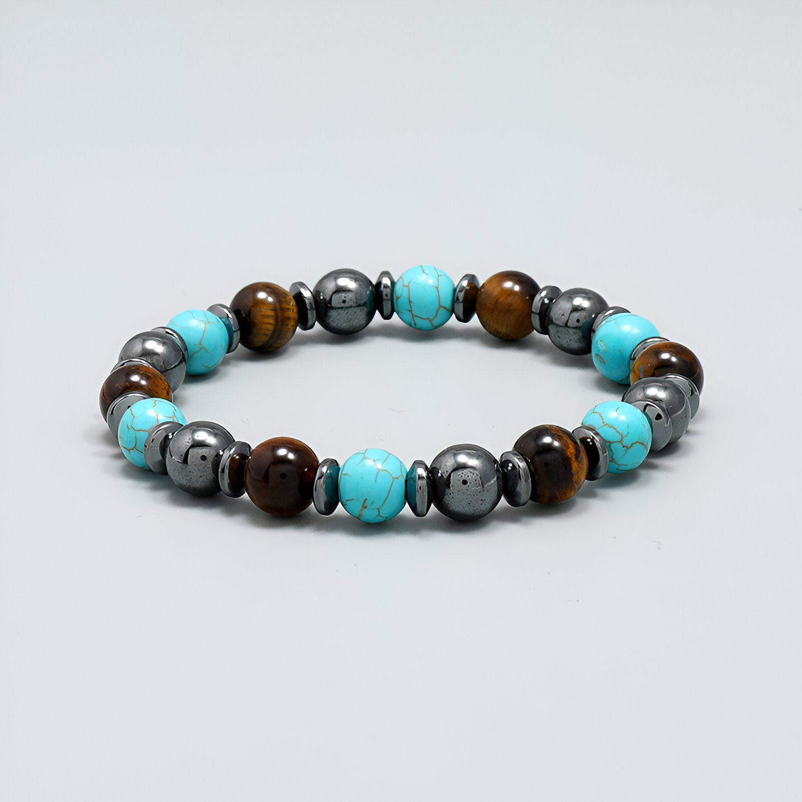 Bracelet en pierres naturelles, oeil de tigre et turquoise, mixte, modèle Reed - La Boutique du Bracelet