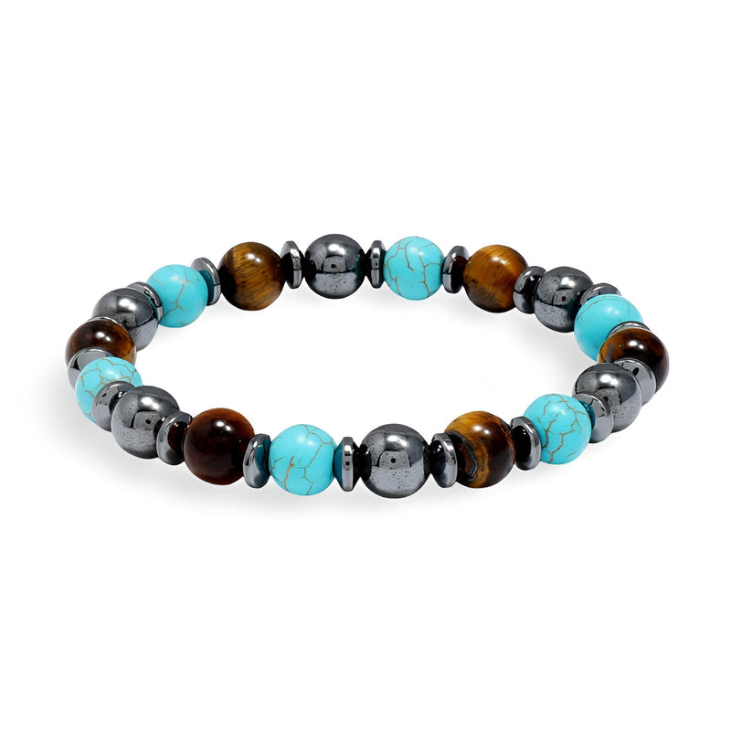 Bracelet mixte en pierres naturelles bleu turquoise, œil de tigre marron et hématite grise, modèle Reed.