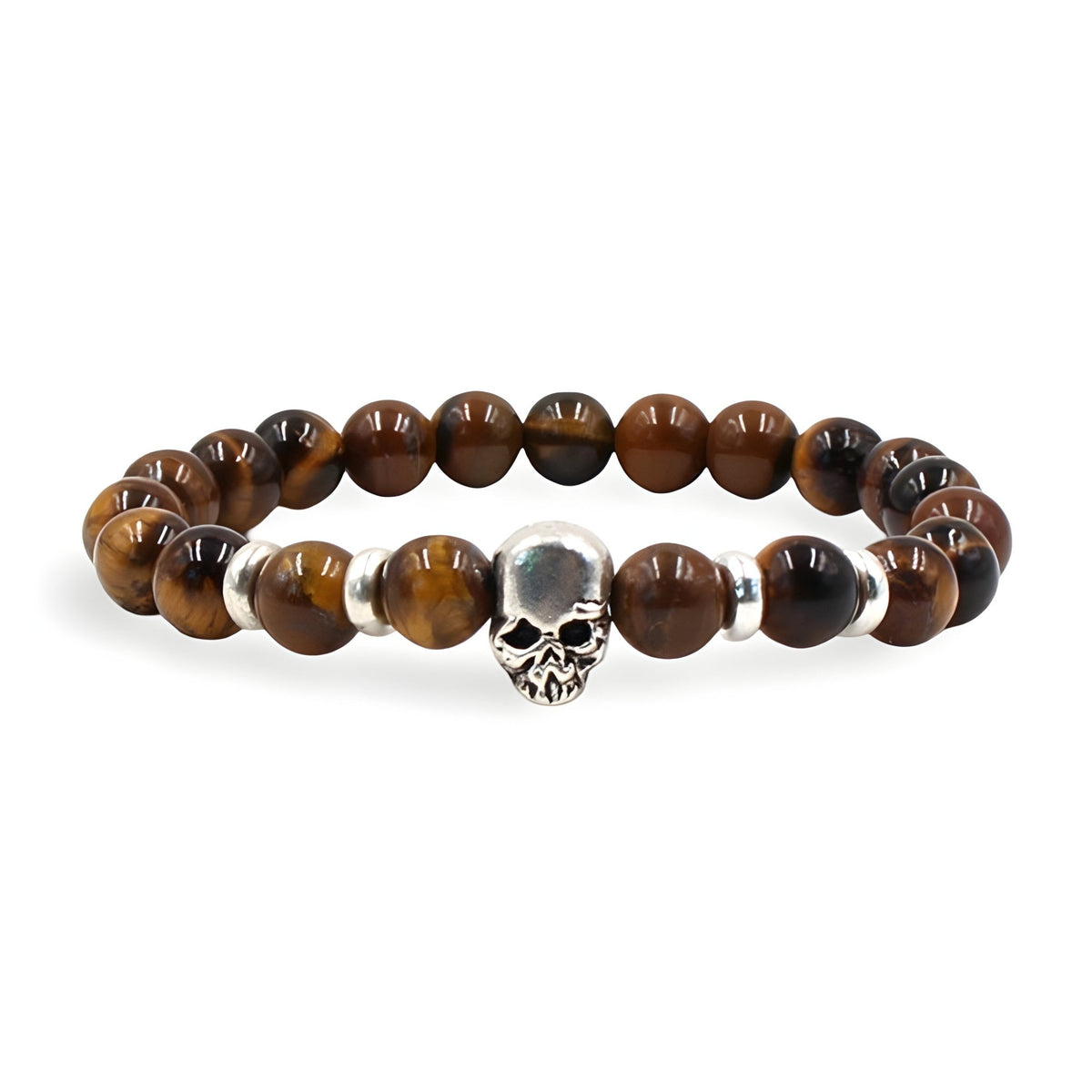 Bracelet en perles d’œil de tigre marron avec tête de mort en métal argenté au centre.