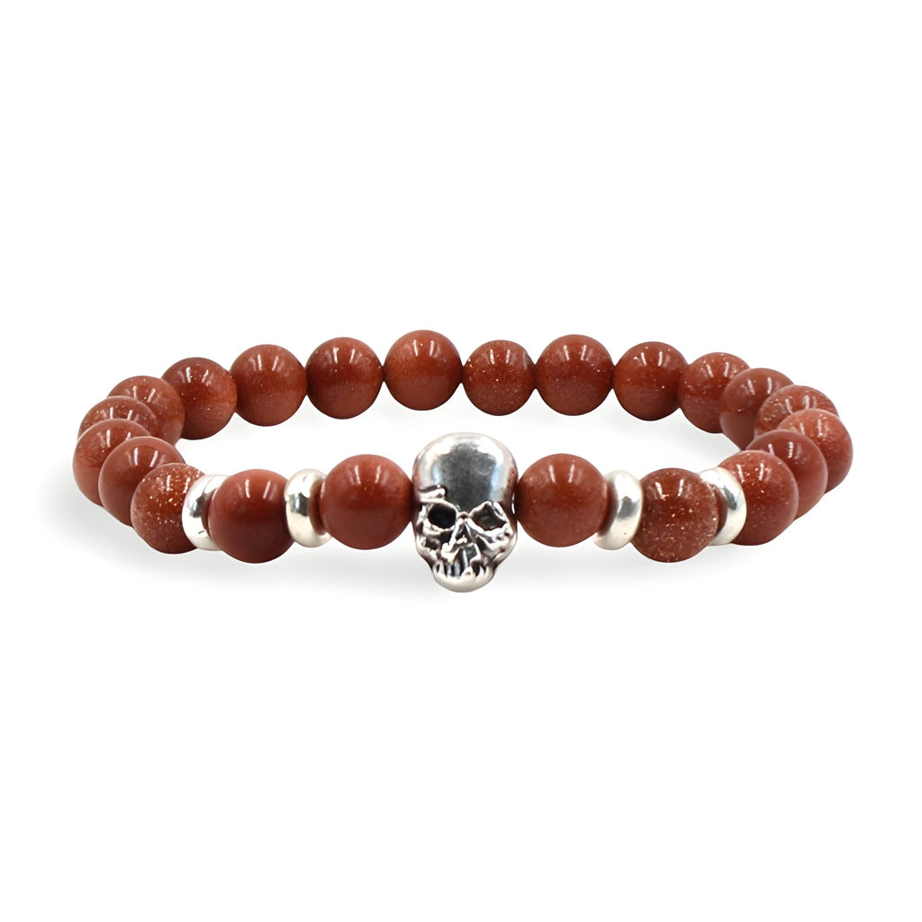 Bracelet en pierres naturelles rouges avec tête de mort argentée et anneaux argentés, modèle Ardi.