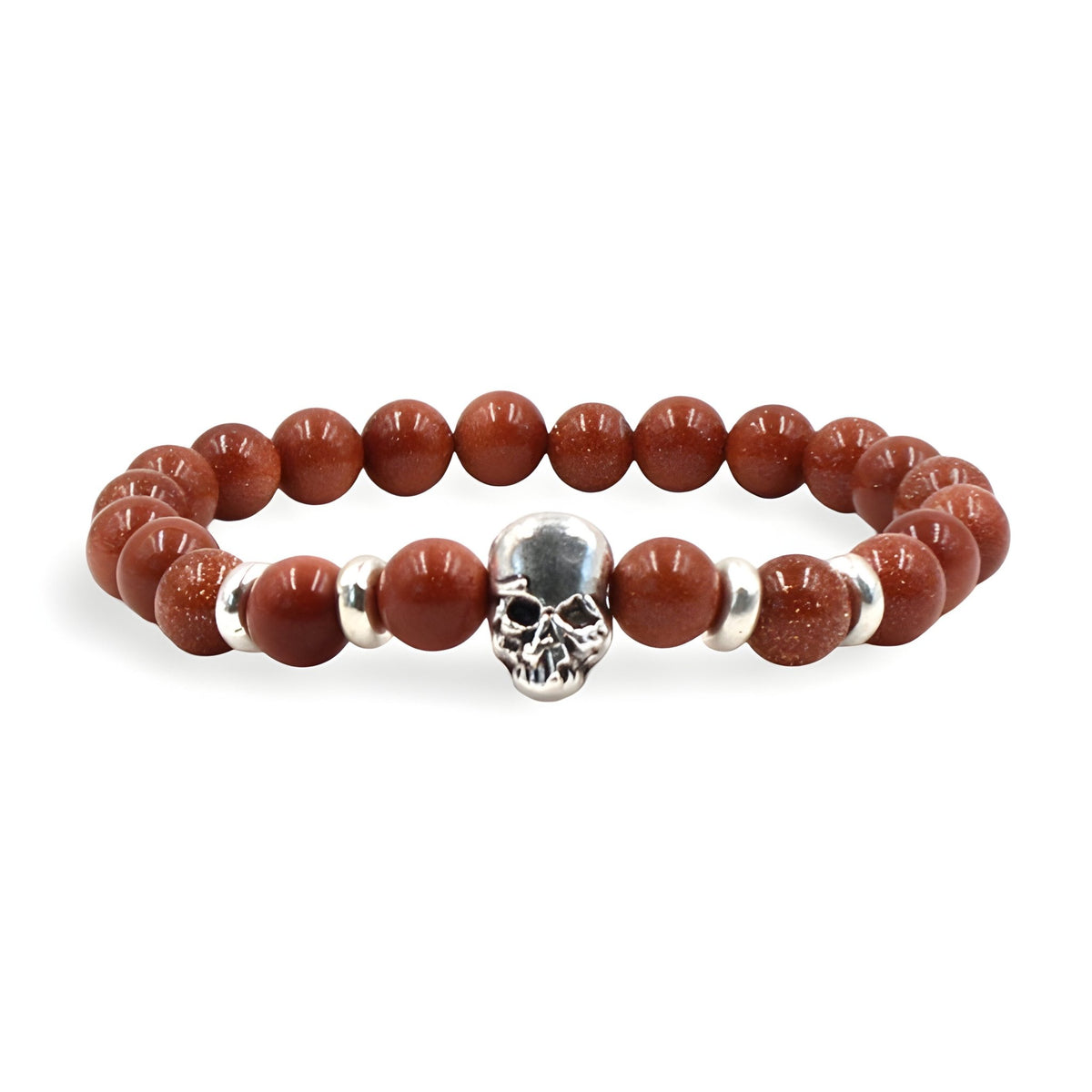Bracelet en pierres naturelles rouges avec tête de mort argentée et anneaux argentés, modèle Ardi.