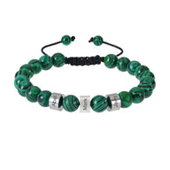 Bracelet Valen en malachite verte avec trois plaques argentées et cordon noir ajustable.