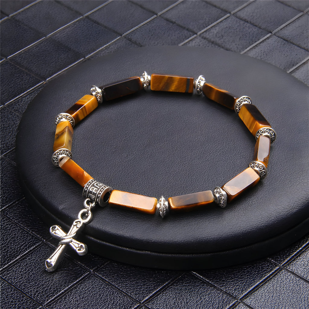Bracelet pour homme en pierres d'œil de tigre rectangulaires avec charm croix argenté.