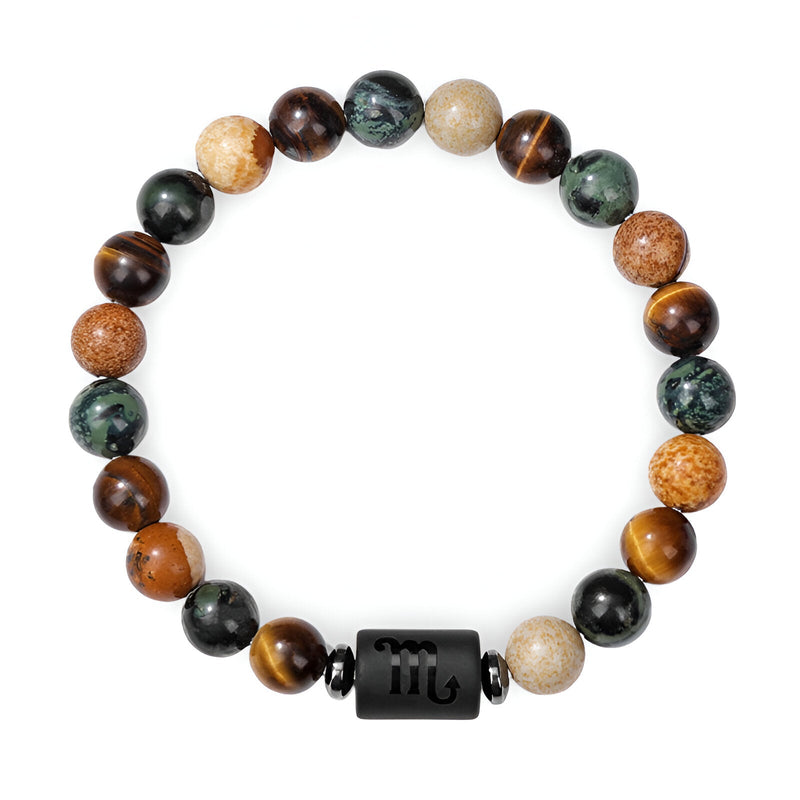 Bracelet mixte en perles naturelles marron, vert et beige avec pendentif noir signe du zodiaque Scorpion.