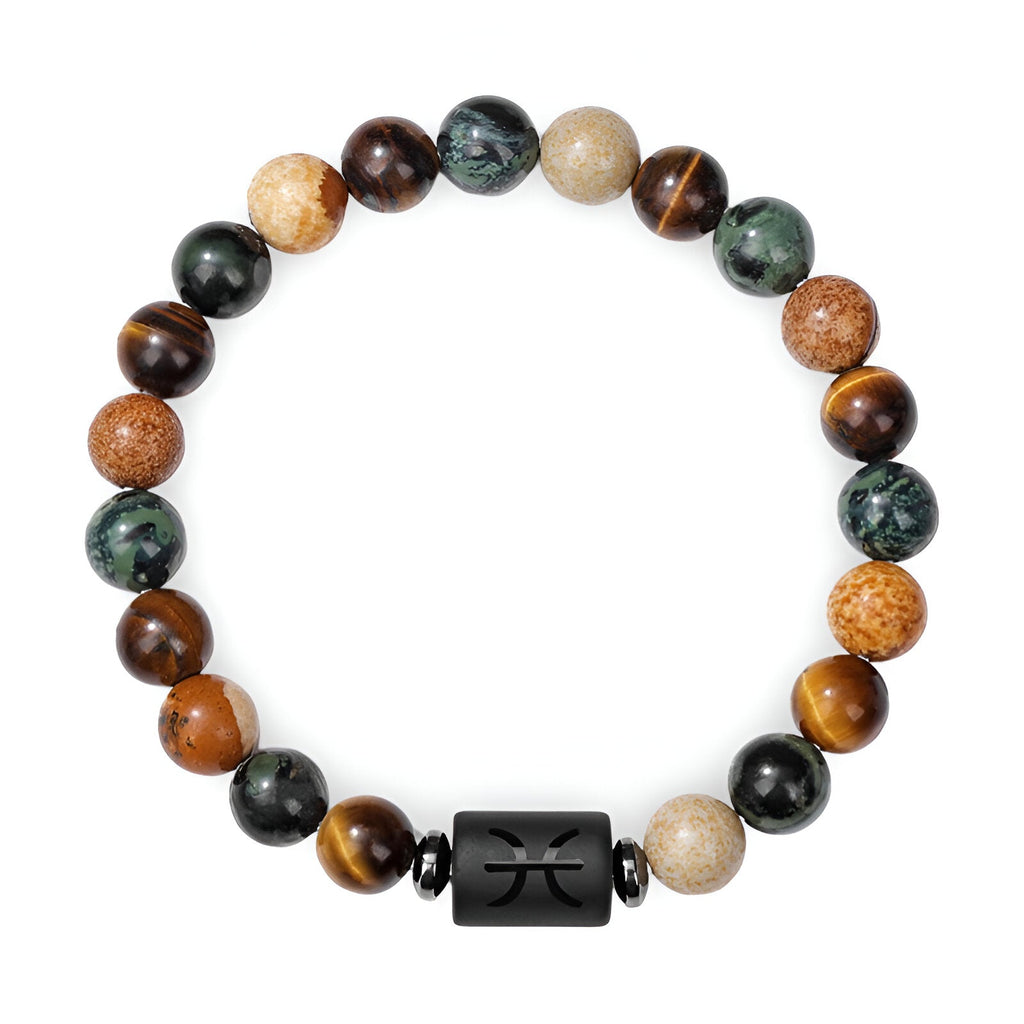 Bracelet mixte en pierres naturelles multicolores avec pendentif noir gravé du signe astrologique Poissons.