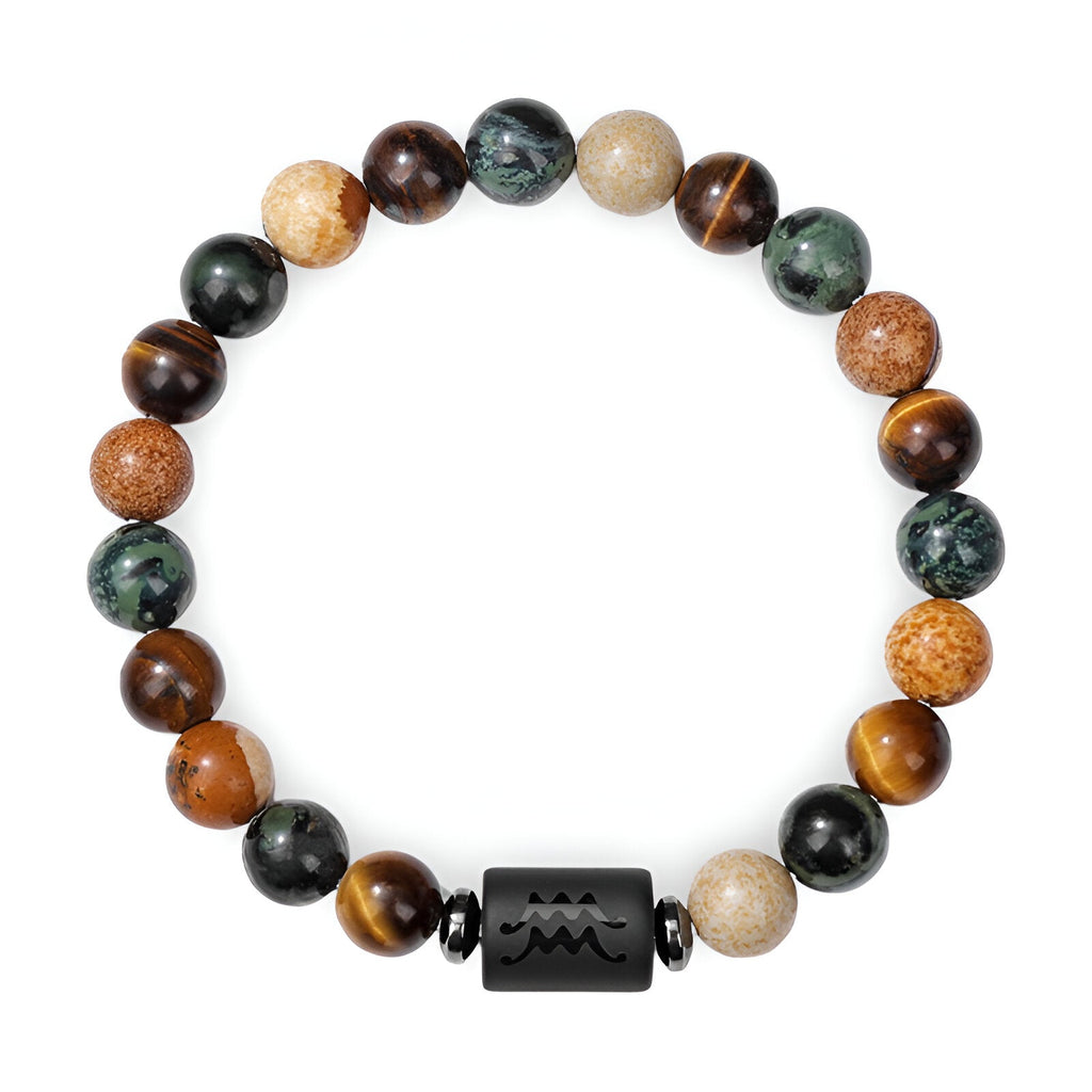 Bracelet mixte en perles naturelles multicolores avec pendentif noir gravé signe zodiacal Verseau.