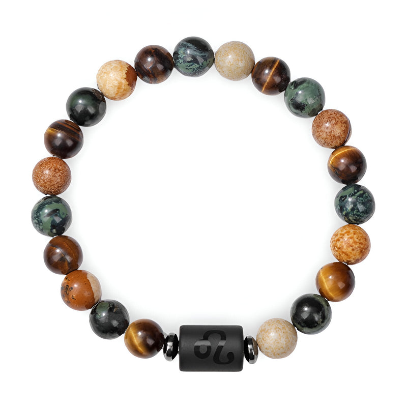 Bracelet mixte Spacio en perles naturelles multicolores avec symbole zodiaque noir mat central.