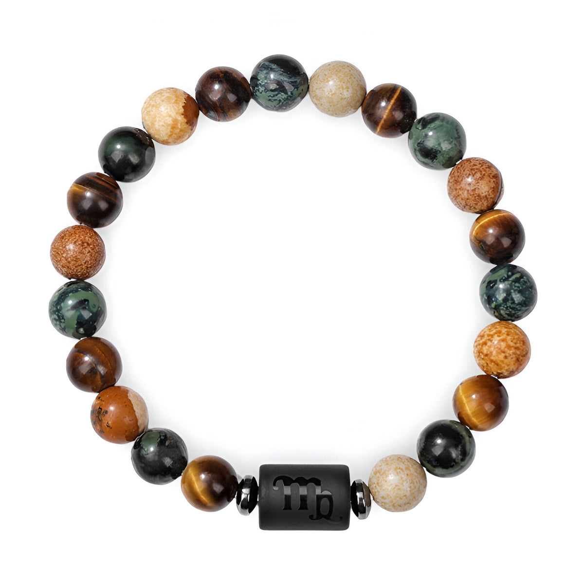 Bracelet mixte en perles naturelles multicolores et pendentif cylindrique noir gravé signe du zodiaque.