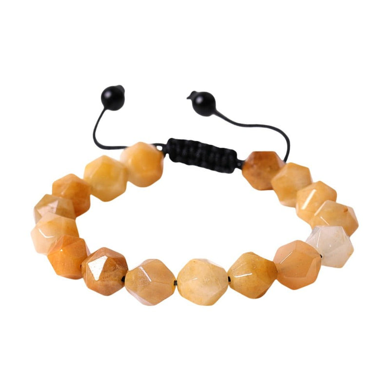 Bracelet Aerith en pierres naturelles taillées couleur œil de tigre beige et marron clair avec cordon noir ajustable.