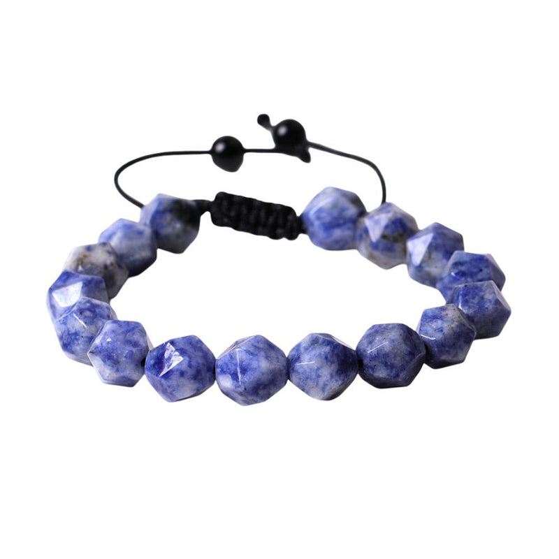 Bracelet ajustable en pierres taillées bleu blanc, style Aerith, cordon noir tressé.