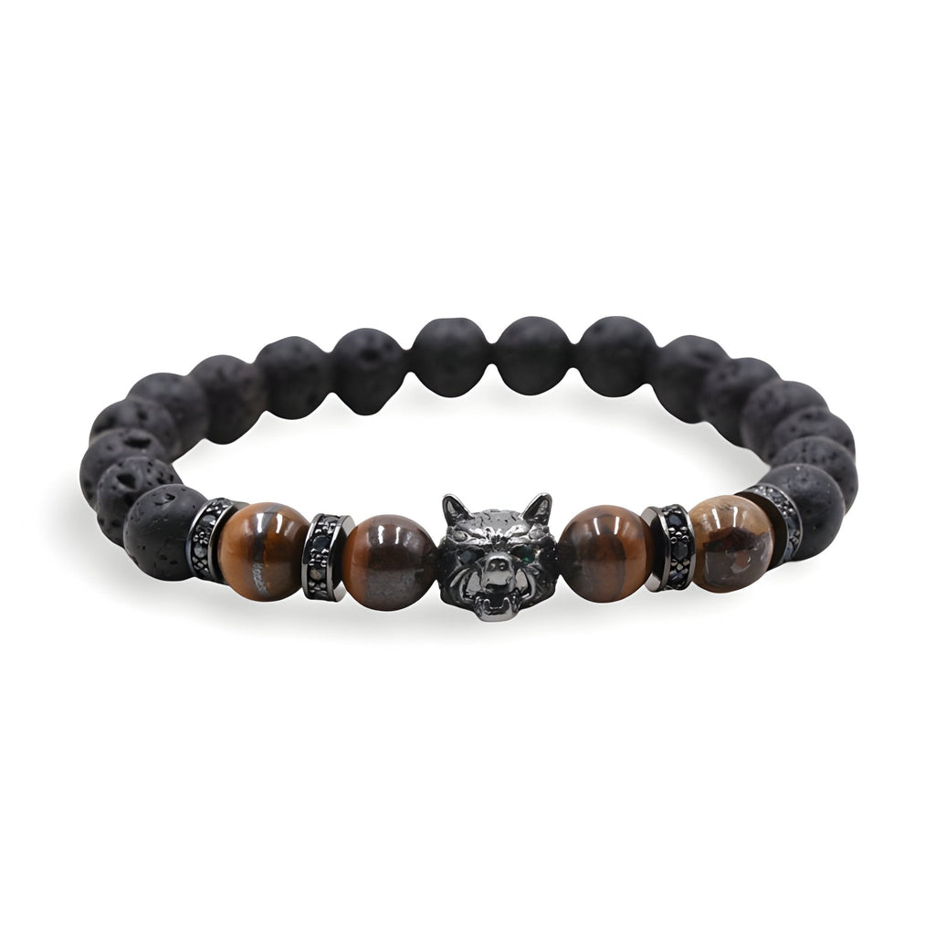 Bracelet homme en pierres volcaniques noires et perles œil de tigre marron, tête de loup argentée au centre.