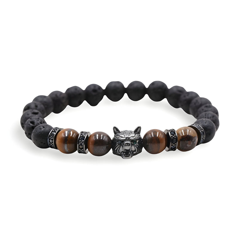 Bracelet homme en pierres volcaniques noires et perles œil de tigre marron, tête de loup argentée au centre.