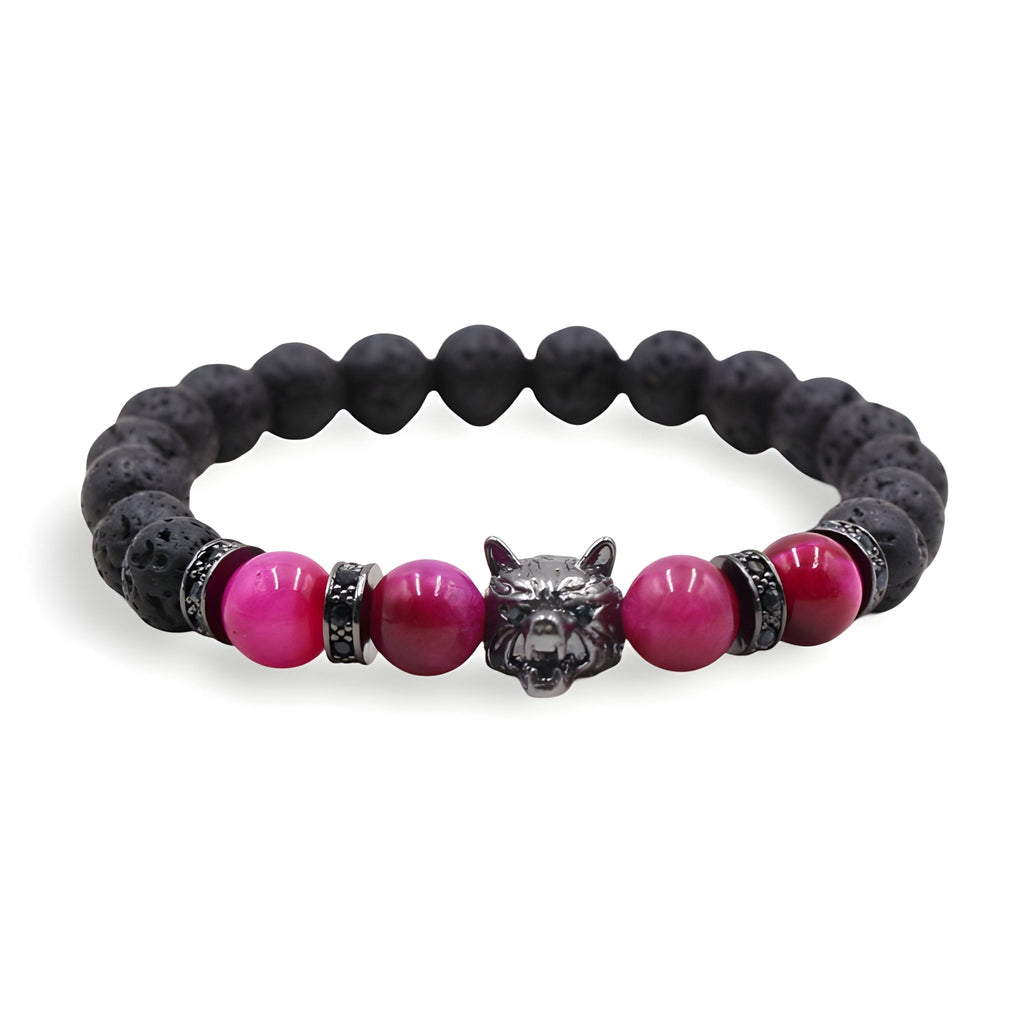 Bracelet homme en pierres volcaniques noires et perles œil de tigre rose, tête de loup argentée au centre.