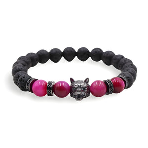 Bracelet en pierres volcaniques et oeil de tigre, orné d'une tête de loup, pour homme, modèle Garou - La Boutique du Bracelet