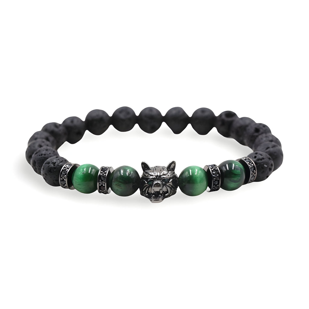 Bracelet homme en pierres volcaniques noires et oeil de tigre vert, tête de loup argentée au centre.