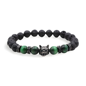 Bracelet en pierres volcaniques et oeil de tigre, orné d'une tête de loup, pour homme, modèle Garou - La Boutique du Bracelet