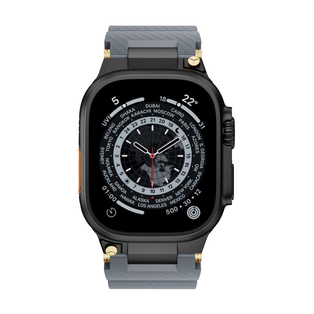 Bracelet silicone gris technique avec détails or pour Apple Watch, modèle Wagner, ajustable.